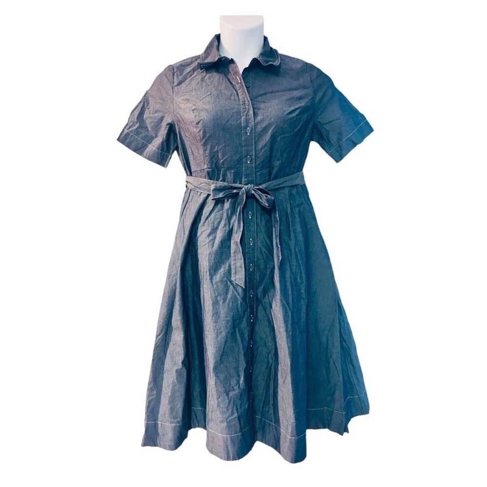 Button Down 100% Cotton Fit & Flare Retro Career Casual Denim Blue Shirt Dress